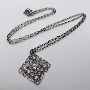 VTG Sterling Silver Crystal Filigree Affixed Pendant Rolo Necklace 28” + 1.1”